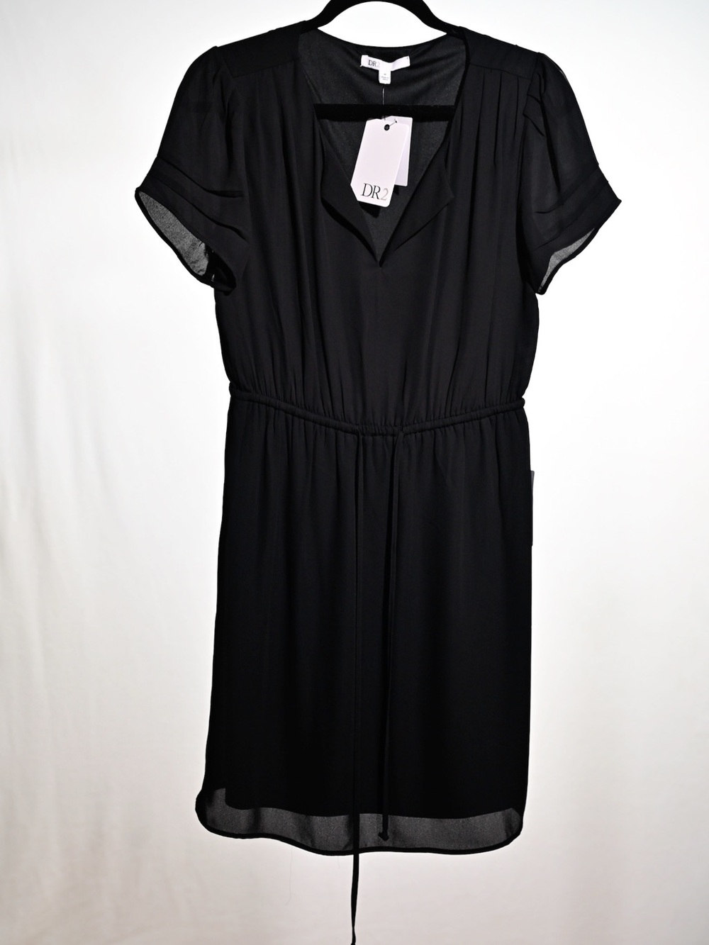 DR2 Black V-Neck Short Sleeve Midi Dress with Drawstring Waist
